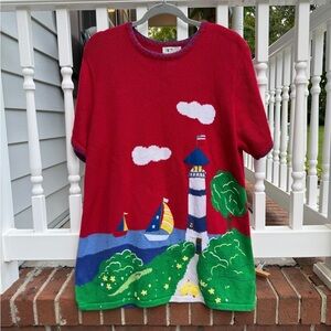 Vintage Boat Nautical Sailing Lighthouse Embroidered Knit Sweater Dress Large